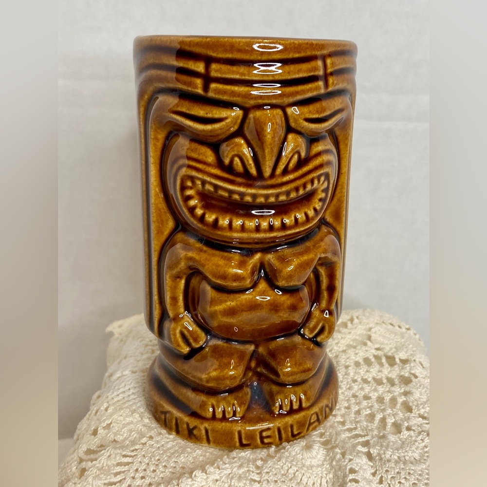 Vintage USA Pottery Leilani Tiki God Mug Two Sided Brown Tumbler